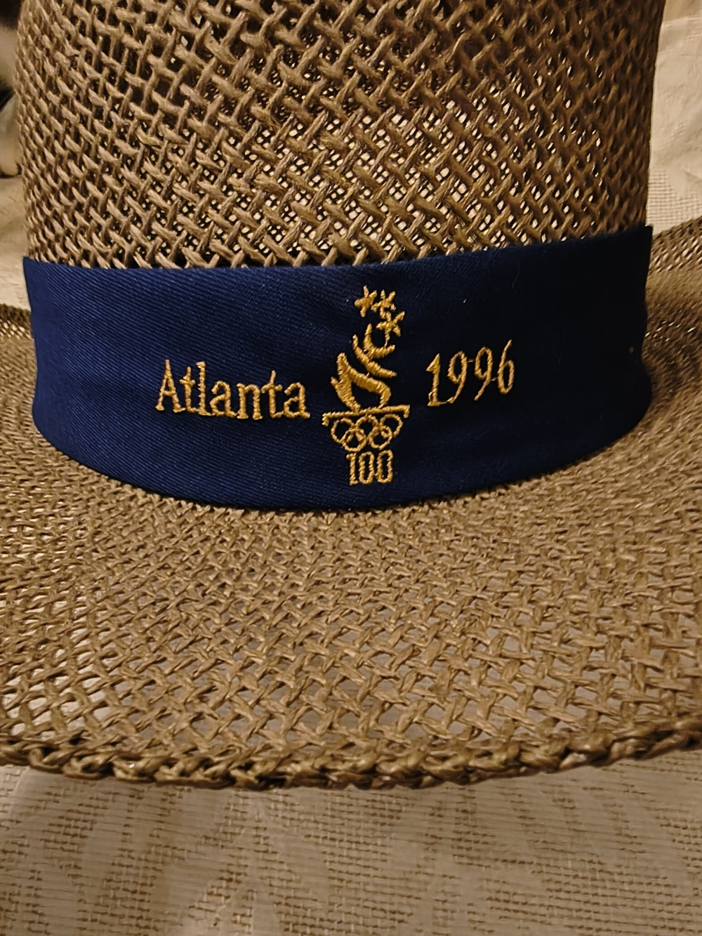 1996 Olympics Straw Fedora with Navy Band and Gold Embroidery